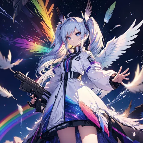 ((Archangel　Fantasy　Rainbow Hair　Make your hair rainbow-colored on the inside　Twin tails　Dull blue eyes))　((Has a galaxy　uniform　Put on a coat without putting your arms through it))　(((Wings many times larger than mine　rainbow gradient feathers　Glass Feath...