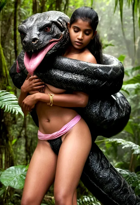  Topless  pink thong wearing aroused horny beautiful happy young Indian teen girl vs  Giant colossal black titanboa monster wrapped around her body squeezing her in coiled embrace cuddling and kissing  sexual erotic bestiality  sex  realistic in the rainfo...