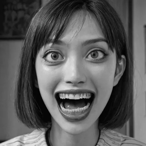 woman with big mouth, (anime), bizarre scenario, junji ito, yusuke murata, black and white, 8k, anime, horror