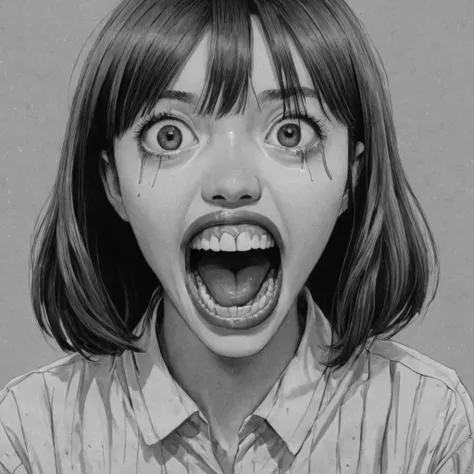 woman with big mouth, (anime), bizarre scenario, junji ito, yusuke murata, black and white, 8k, anime, horror