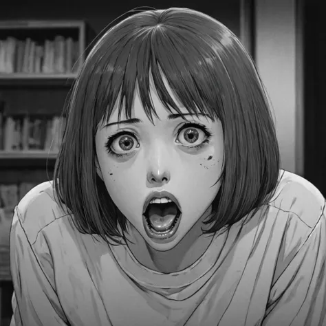 woman with big mouth, (anime), bizarre scenario, junji ito, yusuke murata, black and white, 8k, anime, horror