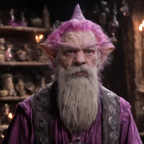 (masterpiece)+, (extremely (realistic)+,a portrait of a extremely ugly male gnome arch-mage, pink hair, pink bushy brush-like brows, pink wizard cap. child-like facial fatures, troll kid toy facial proportions, skin imperfections. massive silver beard, pro...