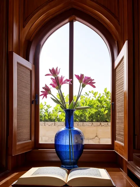 un vase de fleur ,a still life an Islamic decoration a window a book