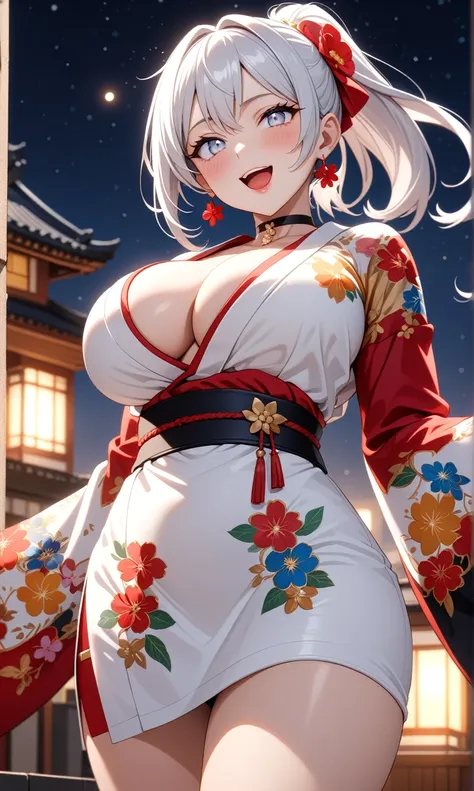 ((One personの女性)), Beautiful Face,Laughing shyly,((Wink:2.0)),Laugh with your mouth wide open((Bright red cheeks:1.4)),Glossy pink lips,night,rooftop,Festive decorations,You can see the ocean, firework,Laughing with your mouth open,Glossy pink lips,Lightin...