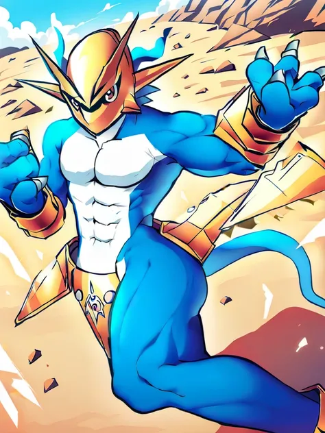 solo,Magnamon,tall, blue and white skin,(battle damaged:1.5),(topless Magnamon:2),(armor fragments:1.5),(shirtless:1.5), fighting_stance, in desert ,full_shot