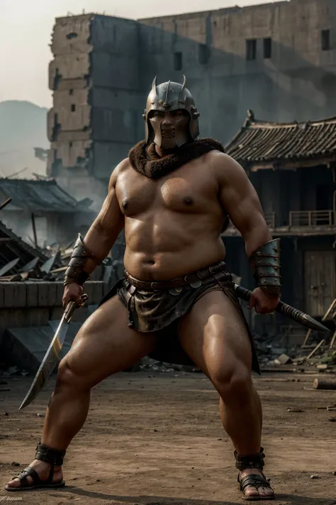 looking at us, Staring Intently, face focus, Bandit, Fat ferocious barbarian:2, This barbarian is a robust stocky Japanese, smirking, mid combat, intense battle scene, leather and iron armor, armored short skirt, holding a Viking War Axes, viking helmet, l...