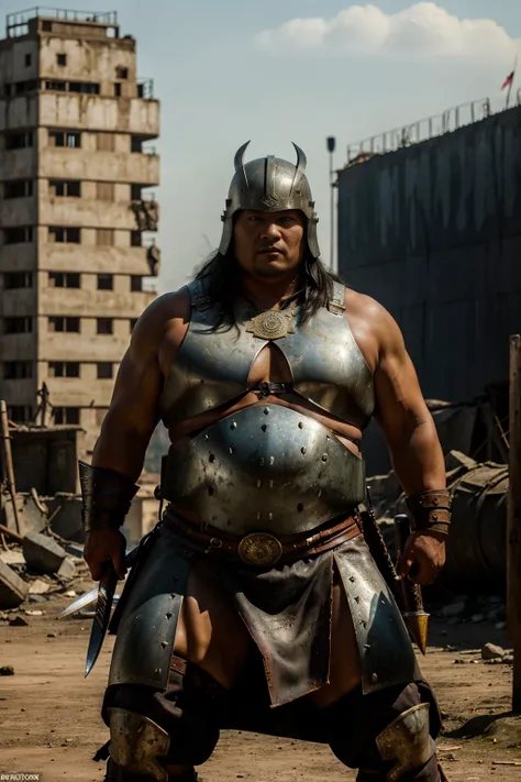 looking at us, Staring Intently, face focus, Bandit, Fat ferocious barbarian:2, This barbarian is a robust stocky Japanese, smirking, mid combat, intense battle scene, leather and iron armor, armored short skirt, holding a Viking War Axes, viking helmet, l...