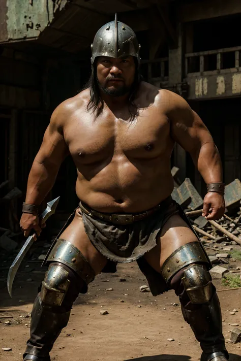 looking at us, Staring Intently, face focus, Bandit, Fat ferocious barbarian:2, This barbarian is a robust stocky Japanese, smirking, mid combat, intense battle scene, leather and iron armor, armored short skirt, holding a Viking War Axes, viking helmet, l...