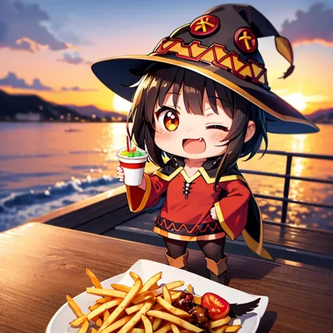 Seagulls and French fries、Megumin、(chibi), full body, (masterpiece), highest quality, sunset