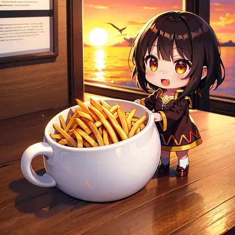 Seagulls and French fries、Megumin、(chibi), full body, (masterpiece), highest quality, sunset