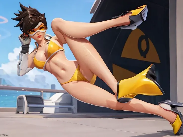 Tracer from overwatch is wearing a slutty bikini and posing for a porn. ((yellow open-toed platform high heels, nsfw)), spread legs, sexy standing pose, front view, blushing, freckles, looking at viewer, small breasts,