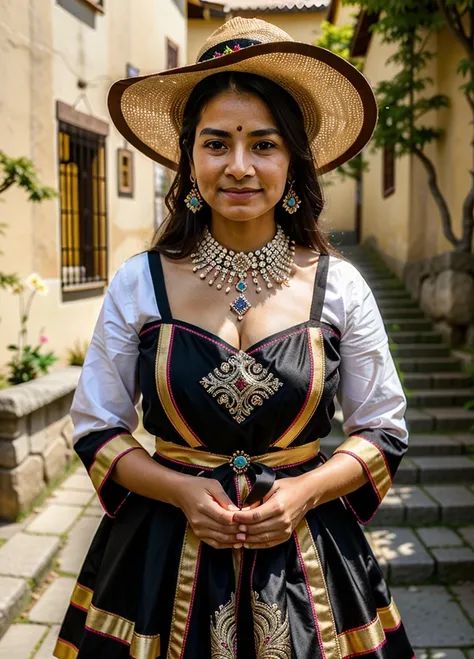 The portrait shows the upper body of a proud Peruvian woman, who embodies the rich culture and history of their country. She wears a traditional garment, das aus lebendigen Stoffen gefertigt ist und mit symbolischen Mustern verziert ist, die die Traditione...