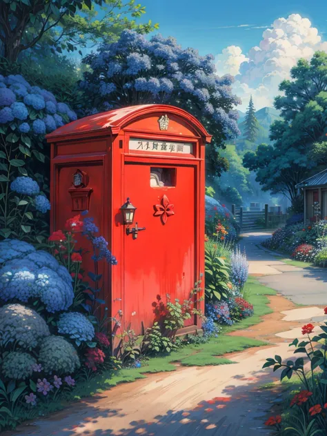 a painting of a red post box roadside surrounded by blue flowers, trees, plants, greenery, multicolored flowers, dirt road, letterbox, ghibli studio art, blue wall, studio ghibli environment, by Shin Yun-bok, hydrangea, postage, wall ], postapo, blue flowe...