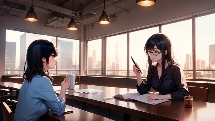 A beautiful female college student, By the window, large size screen, video on the screen, high rise cafe, detailed café, window leading to white desk, high place,  overlooking, notebook, holding a pen and a mug in hand, glasses, black hair, midsummer loun...