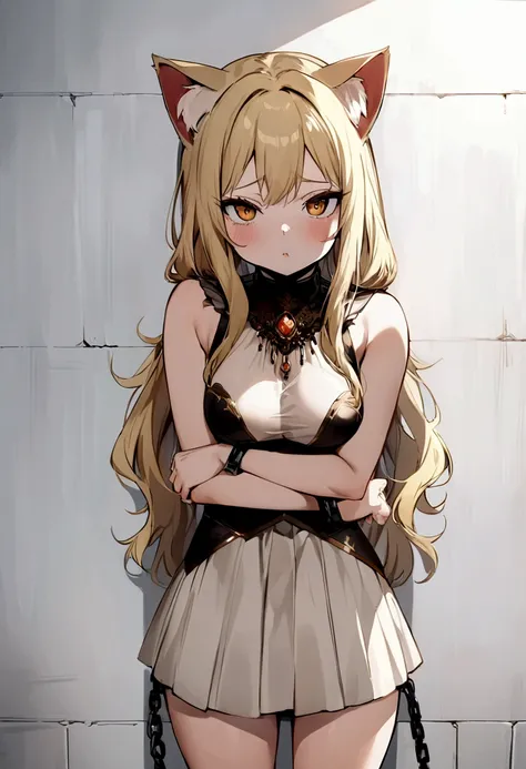 girl anime style short white and gold skirt seductive pose medium sized breasts blonde long hair flushed cheeks cat ears chained to a wall picture from the front