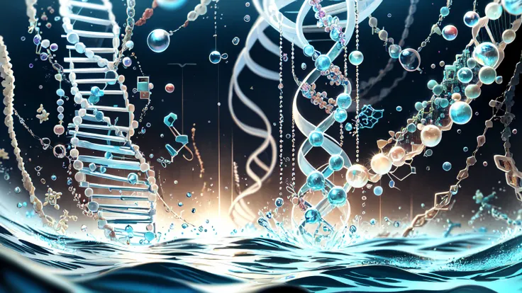 concept art, front cover, detailed beautiful DNA double helix in water, DNA replication, absurdres, best quality, bubbles, life, biology, molecule, nature, science