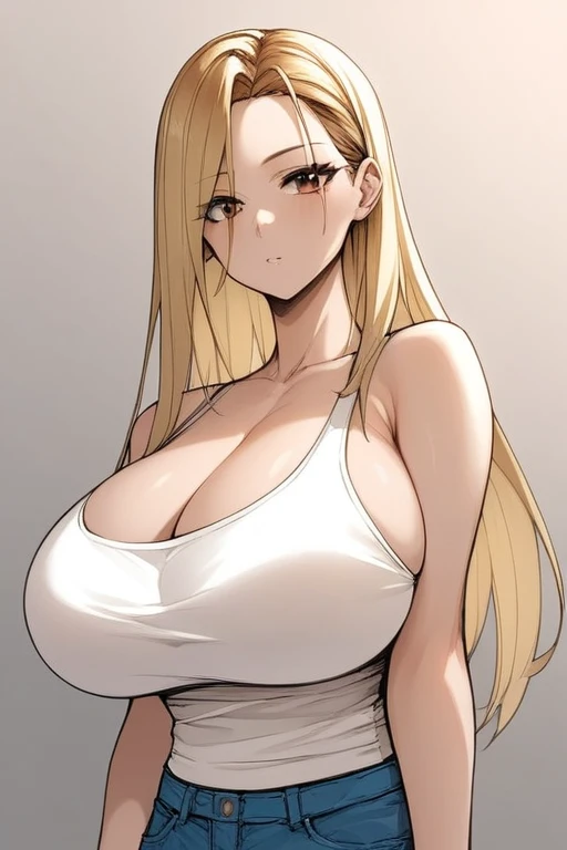 score_9, score_8_superior, score_7_superior, Hi、he, Brown eyes, Blonde, Multicolored Hair, Long Hair, Huge breasts, White tank top, Bare shoulders, clavicle, No sleeve, Blue Denim Shorts, Are standing,