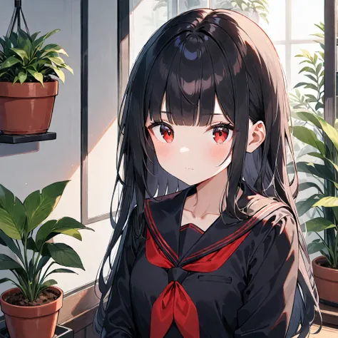 1girl, solo, , black hair, red eyes, looking at viewer, serafuku, bangs, plant, long hair, indoors, black serafuku, upper body, sailor collar, closed mouth, neckerchief, blunt bangs, red neckerchief, black sailor collar, potted plant, collarbone, (medium q...