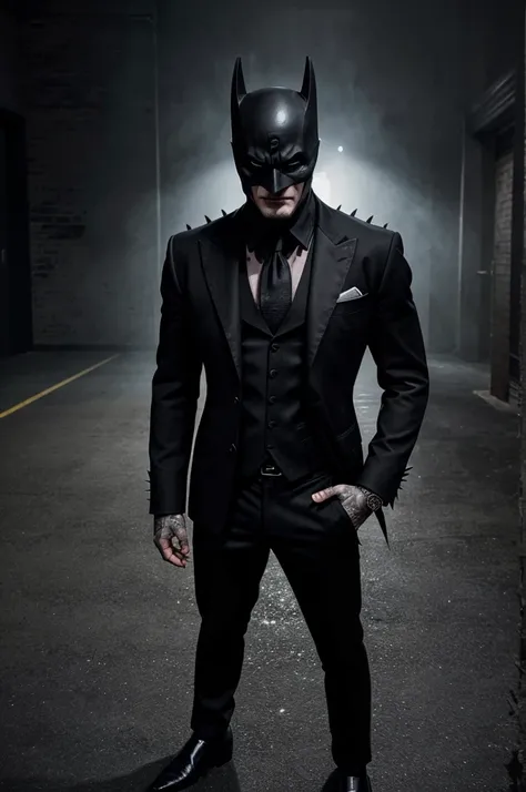 "Create an image of the Batman Who Laughs dressed in a sharp black suit, paired with a black shirt and black loafers. Ensure his menacing and eerie presence is emphasized, with his signature spiked crown and malevolent grin. The overall aesthetic should be...