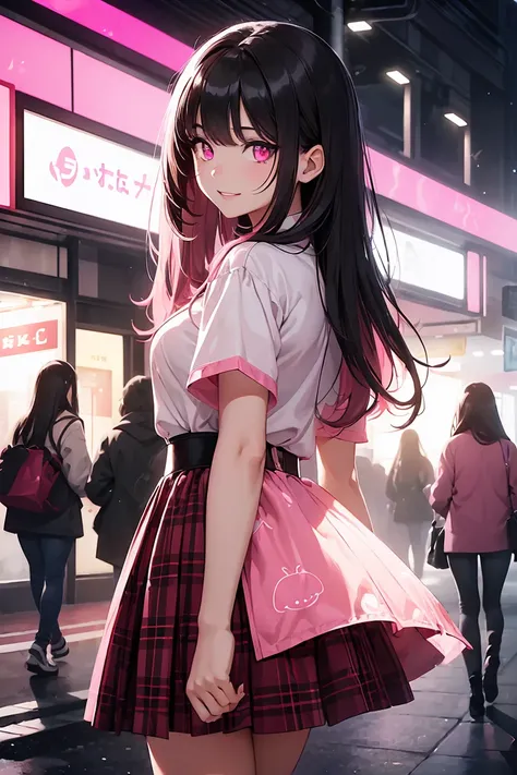 ((1 Girl)), Latest Trends in Clothing, Buying and eating, Red Check Skirt, Black clothes ,Street fashion,Cowboy Shot,((Very detailed,Highest quality, High resolution, 8k wallpaper, Beautiful clothes,)),((Black Hair, Long Hair,Straight hair,Both sides up)),...