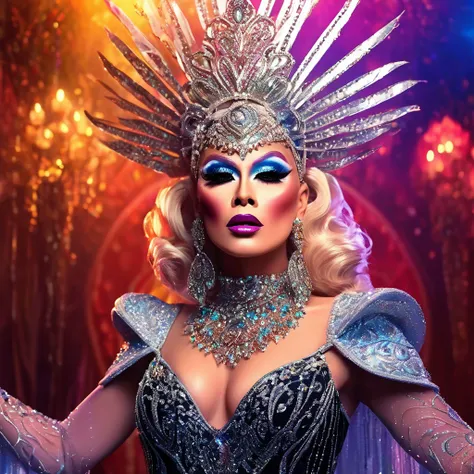 a drag queen performing magical fantasy, detailed face, ornate headdress, glittering makeup, dramatic costume, extravagant jewelry, ethereal lighting, surreal background, cinematic composition, (best quality,8k,highres,masterpiece:1.2),ultra-detailed,(real...