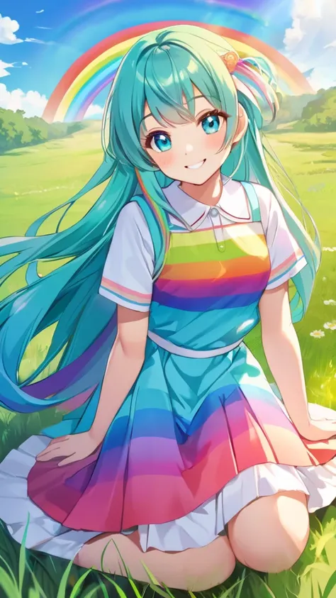 1 Female, Beautiful, Humble, Kind, long hair upper waist Stright, Aqua blue pupil eyes colour, Multi-haired Colours bright cyan Hairs, coppola rainbow course, rainbow dress flowing with skirt, holding small brush sit on grass front smiling, Open grassland ...