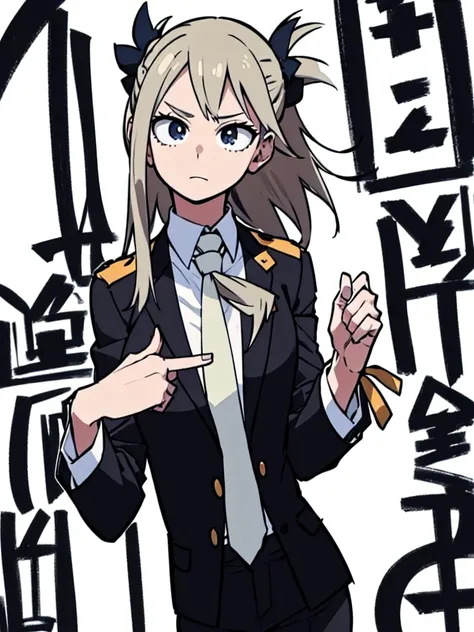 Mha . Girl , wearing black suit and tie ,  White background
Solo . 