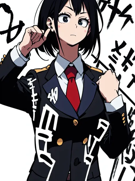 Mha . Girl , wearing black suit and tie ,  White background
Solo . 