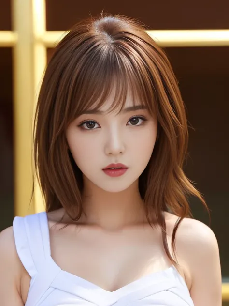 (Bold and extreme exposure:1.8)、(The bust is barely visible:1.8)、(masterpiece:1.3)、(8k、Photorealistic、Raw photo、Highest quality: 1.4)、(1 Japanese girl)、Beautiful Face、(A vivid face)、(Brown Hair:1.5)、(Medium Hair)、Beautiful hairstyle、（One eye is hidden by b...