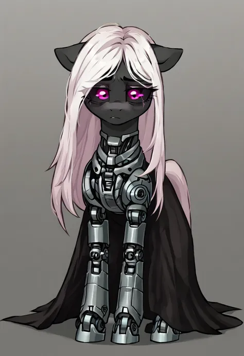 earth pony, white mane,light blue cybernetic eyes, cybernetic body,black sclera ,black body color  long mane ,pony  ,horny pink ...