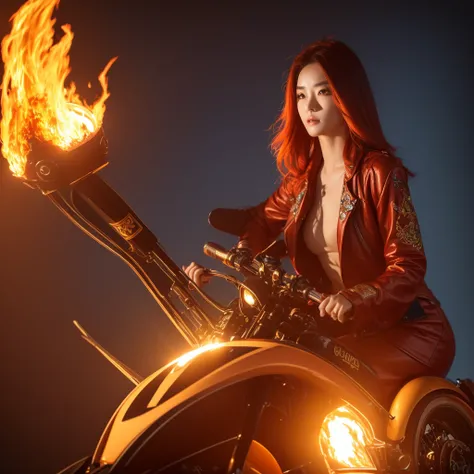 a beautiful chinese girl, floating fiery hair, riding chopper motorcycle, emitting sacred flame, detailed realistic face, beautiful eyes, long eyelashes, detailed lips, detailed skin, detailed outfit, detailed motorcycle, dramatic lighting, cinematic compo...