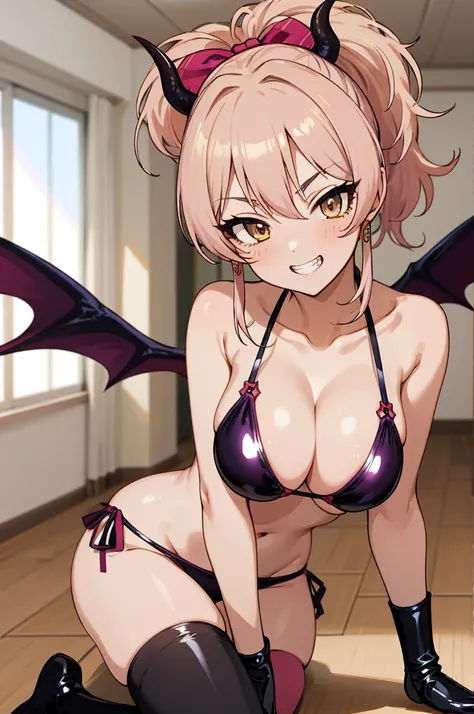 masterpiece, best quality, highres, aamika, ponytail, hair bow,succubus costume,grin,evil smile, , latex bikini,indoor,,looking viewer,thighhighs,devil wing,big breasts,(((Gyaru,)))