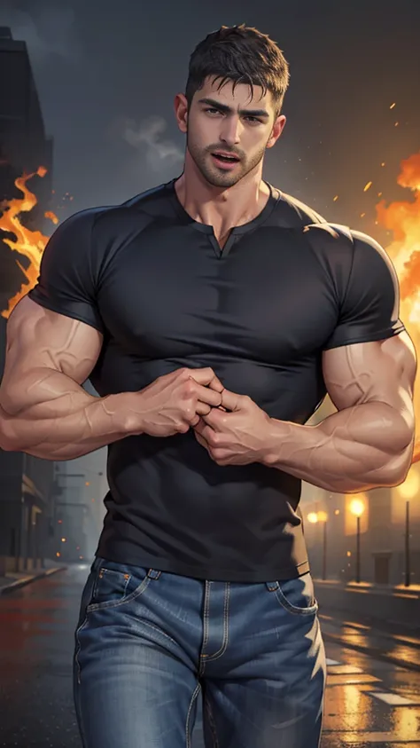 (Create a masterpiece: 1.2),(CGI art:1.3),(realistic:1.5),(After processing:1.3),(Sharp focus:1.3),1 man , straight, front ,Chris Redfield , (round neck T-shirt:1.2) ,Wear color navy round neck T-shirt with a police badge: 1.4), Navy blue jeans, Korean guy...