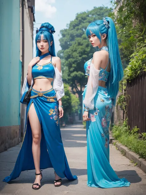 "A full-body illustration of an Asian-inspired beautiful girl with blue hair, depicted in a realistic art style."