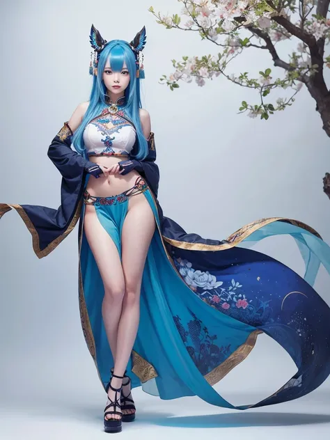 "A full-body illustration of an Asian-inspired beautiful girl with blue hair, depicted in a realistic art style."