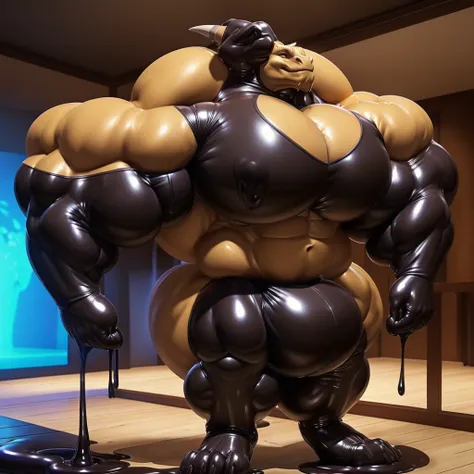 solo, male, , , ,  (hyper pecs:1.2), （long thick thighs:1.5）, standing, indoor,，(，,(,solo,very hyper muscles:1.3)((, Huge bulge：1.3))）（corruption)), black glowing liquid，（((liquid_latex, , rubber:1.2)，,black latex，goo transformation，(gooey)()(l），unreal eng...