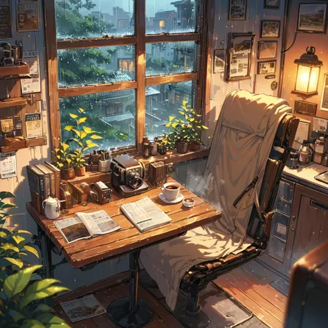 ((anime:1.4,illustration)),(masterpiece, top quality, best quality),(ultra-detailed, absolutely resolution),((16k, high res)), (((cozy cafe interior, rainy day, comfortable chair, book, soft, a large window with raindrops, a steaming cup of tea or coffee o...