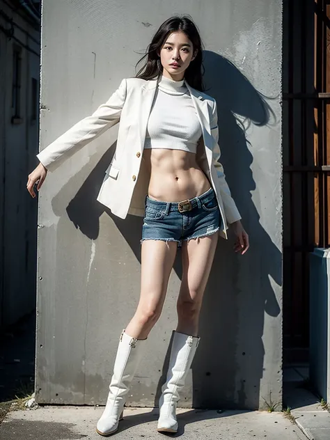 masterpiece,highest quality,High resolution,Full Body View,White jacket,Red innerwear,Belly button,Belted denim mini shorts,The heroine in white cowboy boots,Perfect Legs,Perfect Skin,Perfect Arms,Abdominal muscles,The background is an abandoned factory