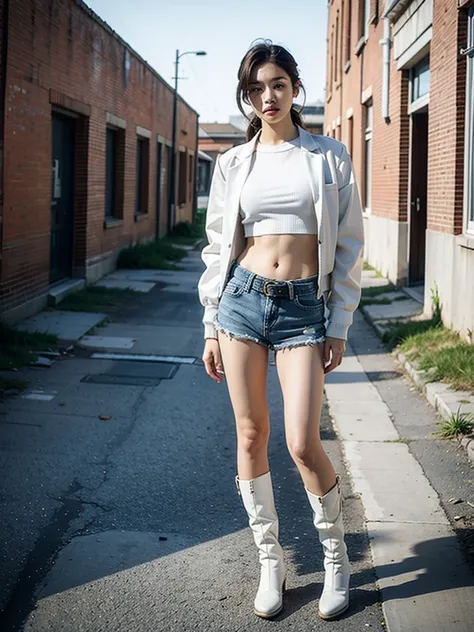 masterpiece,highest quality,High resolution,Full Body View,White jacket,Red innerwear,Belly button,Belted denim mini shorts,The heroine in white cowboy boots,Perfect Legs,Perfect Skin,Perfect Arms,Abdominal muscles,The background is an abandoned factory