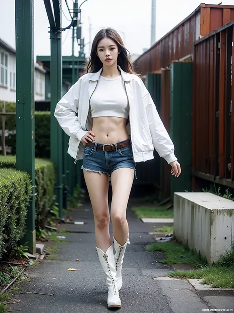 masterpiece,highest quality,High resolution,Full Body View,White jacket,Red innerwear,Belly button,Belted denim mini shorts,The heroine in white cowboy boots,Perfect Legs,Perfect Skin,Perfect Arms,Abdominal muscles,The background is an abandoned factory