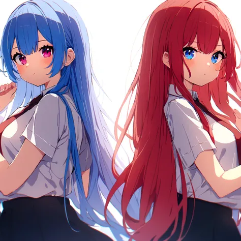 High quality, hd, 4k, 2girls, beautiful girls, twins, long hair, red and blue hair, red and blue eys