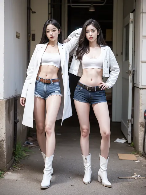 masterpiece,highest quality,High resolution,Full Body View,White jacket,Red innerwear,Belly button,Belted denim mini shorts,The heroine in white cowboy boots,Perfect Legs,Perfect Skin,Perfect Arms,Abdominal muscles,The background is an abandoned factory