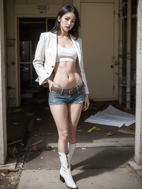 masterpiece,highest quality,High resolution,Full Body View,White jacket,Red innerwear,Belly button,Belted denim mini shorts,The heroine in white cowboy boots,Perfect Legs,Perfect Skin,Perfect Arms,Abdominal muscles,The background is an abandoned factory