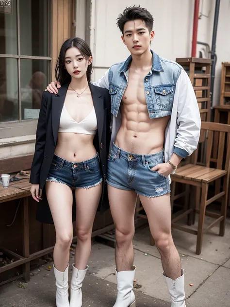 masterpiece,highest quality,High resolution,Full Body View,White jacket,Red innerwear,Belly button,Belted denim mini shorts,The heroine in white cowboy boots,Perfect Legs,Perfect Skin,Perfect Arms,Abdominal muscles,The background is an abandoned factory