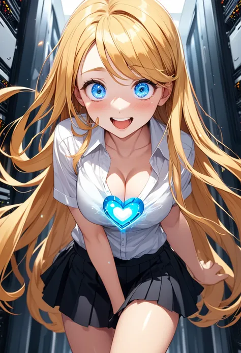 detailed illustration, dynamic angle, ultra-detailed, illustration, 1girl, 18 year old, school girl, wavy long blonde hair, long hair, bright robotic blue eyes, hearts, white shirt, black mini skirt, cleavage, flush, blush, arousal, wide eyes, happy, smili...