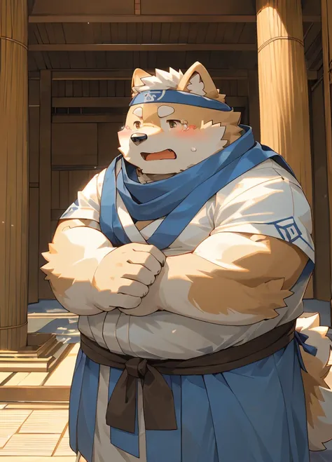 (masterpiece)，(Very detailed)，(best quality)，hairy，Shiba Inu，fur，White hair，Gray pupil，Chubby，(poor)，(Japanese samurai costume)，((Blue scarf))，((Brown headband))，(blush:1.1)，((Tears))，Sad expression，Temple Background，8K，(high quality)，(Ultra high quality)，...