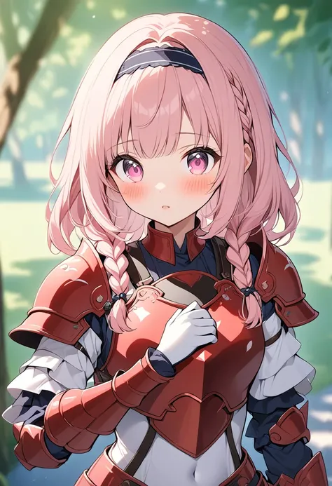 Lapisfe, One girl, alone, View your viewers, blush, bangs, gloves, Upper Body, Braiding, hair band, Outdoor, Part your lips, null, Day, Raise your hand, Pink Eyes, armor, wood, Covered navel, Blurred Background, Place your hand on your chest, shoulder armo...