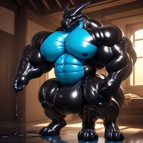 solo, male, , , ,  (hyper pecs:1.2), （long thick thighs:1.5）, standing, indoor,，(，,(,solo,very hyper muscles:1.3)((, Huge bulge：1.3))）（corruption)), black glowing liquid，（((liquid_latex, , rubber:1.2)，,black latex，goo transformation，(gooey)()(l），unreal eng...