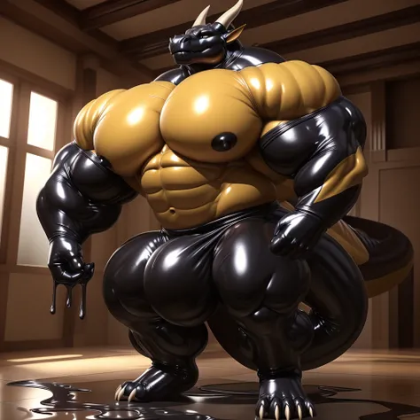 solo, male, , , ,  (hyper pecs:1.2), （long thick thighs:1.5）, standing, indoor,，(，,(,solo,very hyper muscles:1.3)((, Huge bulge：1.3))）（corruption)), black glowing liquid，（((liquid_latex, , rubber:1.2)，,black latex，goo transformation，(gooey)()(l），unreal eng...