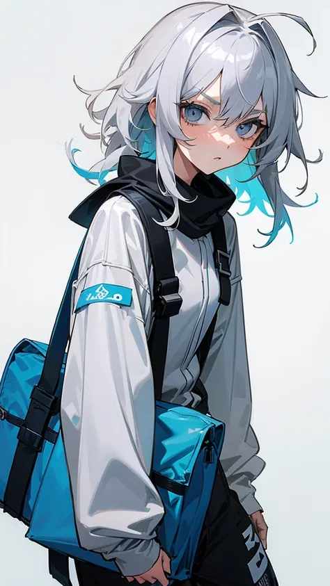 Fullbory, Woman with messy medium hair parted on the side in white, serious, bright bluish gray eyes, vestindo streetwear, com as maos no bolso.